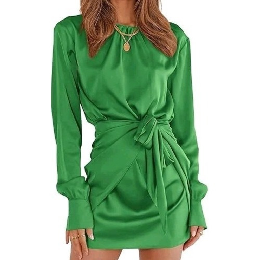 PRETTYGARDEN Women's‎ Spring Satin Dress Long Sleeve Tie Medium, Green